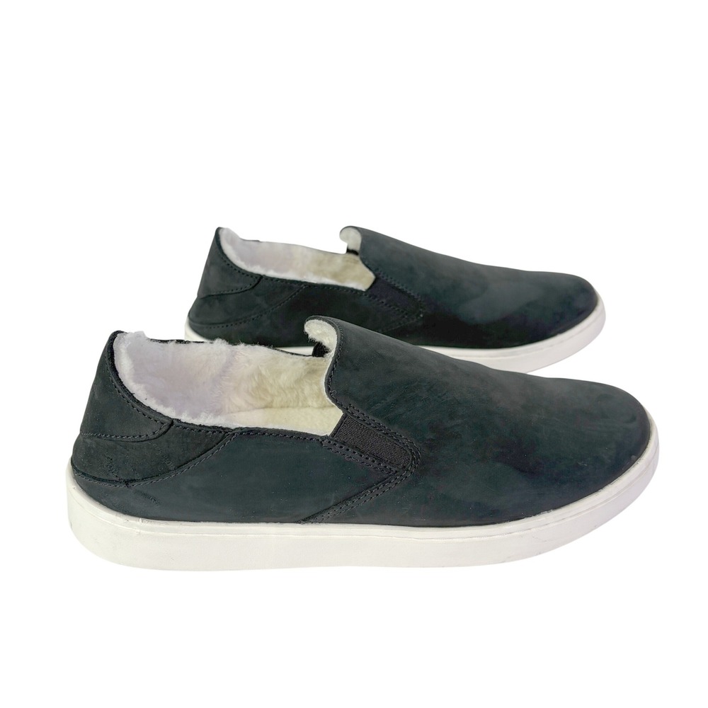 OluKai Pehuea Cozy Lined Loafers Sneakers 10 Leather Shearling Black Slip On